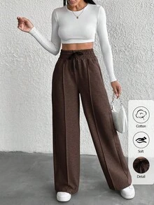 WovenCharm Pantalones de pierna ancha con cintura de cordón, talla pequeña - Marrón - Ver 7
