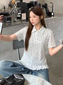 DAZY 女款清新韓風波點印花 Polo 領短袖 T 恤 - 白色 - 查看 4