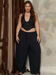 Lele Munniz Atasan Korset Crop Cami Jala Kontras Ukuran Plus Warna Hitam, Untuk Pakaian Kasual Musim Panas - Hitam - View 5