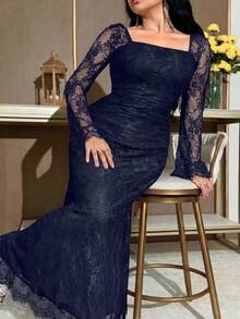 Feyla Plus Size Elegant Party Solid Color Lace Dress - Navy Blue - View 4