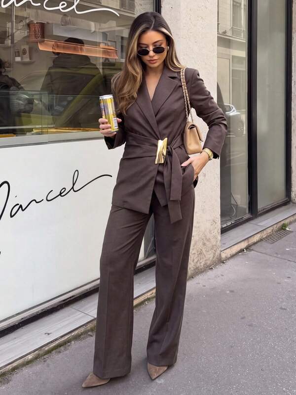 Siren Gaze New Autumn Belted Waist-Cinching Suit Set: Metallic-Accented Formal Blazer & High-Waisted Wide-Leg Trousers | Workwear/Date Night