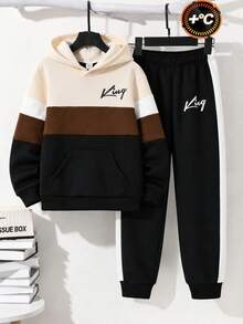 SHEIN Vacaura 大童男童抓絨內裡拼色連帽衛衣與慢跑長褲套裝，保暖休閒街頭風兩件套，附袋鼠口袋，適合秋冬 - 卡其色 - 查看 2