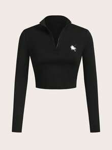 SHEIN EZwear Black Knit Women's Equestrian Print Long Sleeve Top, Tank Top And Leggings Sports Set - Black - View 6