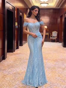 Aureia Elegant Luxurious Beaded Diamond Sexy Off-Shoulder Sleeve Mermaid Skirt Elastic Lace Embroidered Suitable For Wedding Events, Bachelorette Party, Vacation, Holiday Gathering, Music Festival, Graduation Season, Evening Party Dress (Free Gift) - Gray Blue - View 3