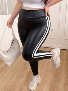 SHEIN EZwear 大尺碼女款拼色高腰休閒百搭日常穿著緊身內搭褲 - 黑色 - 查看 5
