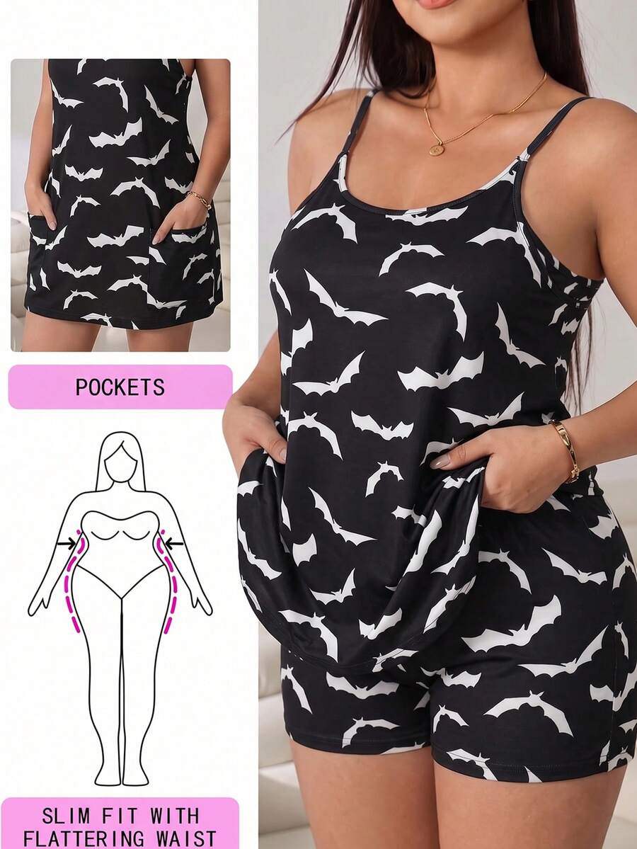 SHEIN EZwear 秋季大尺碼萬聖節蝙蝠印花休閒洋裝套裝,性感夜店穿搭,Y2K風格 - 黑與白 - 查看 1