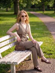 SHEIN MOD Brown Houndstooth Pattern Lace-Up Waist Vest And Pants Set - Multicolor - View 2