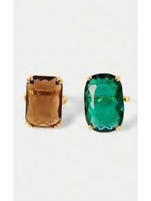 Noxbound Color Claw Set Large Gemstone Exaggerated Ring 2, Rectangle Smoke Crystal And Oval Emerald Crystal Rough Ring, Ladies Luxury Jewelry - Gold - View 2