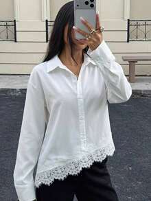 SHEIN 青少年女孩蕾絲拼接休閒百搭日常穿著長袖襯衫 白色 秋冬 - 白色 - 查看 1