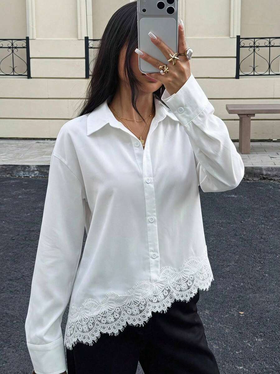 SHEIN 青少年女孩蕾絲拼接休閒百搭日常穿著長袖襯衫 白色 秋冬 - 白色 - 查看 1