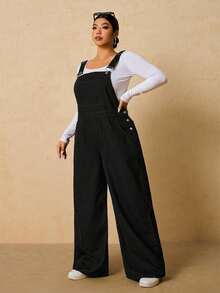 SHEIN PETITE CURVE Plus Size Fashion Pocket Button Loose Denim Jumpsuit Fall Black Casual Normal - Black - View 5