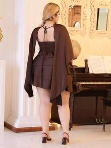 CHERRY TINTT SELECTION Plus Size Women Satin Asymmetrical Hem Adjustable Strap Backless Shawl Collar Dress, Autumn/Winter Elegant Summer - Coffee Brown - View 2