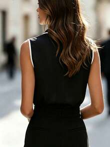 EMERY ROSE New Fashion Black And White Color Block Commuter Minimalist Sleeveless Shirt - Black - View 2