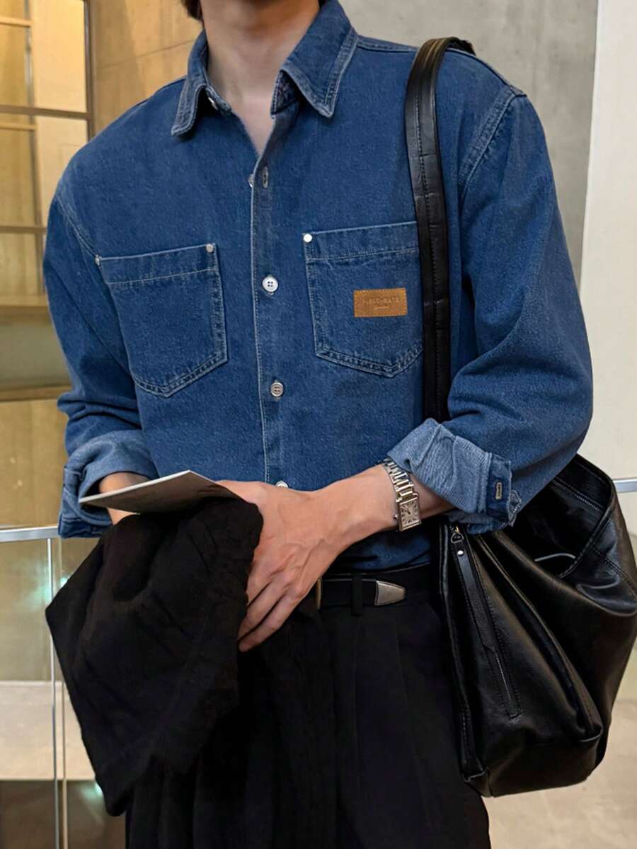 DAZY Spring/Autumn Blue Washed Distressed Chest Patch Pocket Design Men's Denim Jacket - Navy Blue - View 1