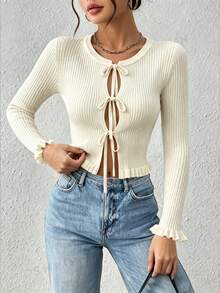 Cévolie Women's Solid Color Front Tie Long Sleeve Ruffle Hem Cardigan - Beige - View 6