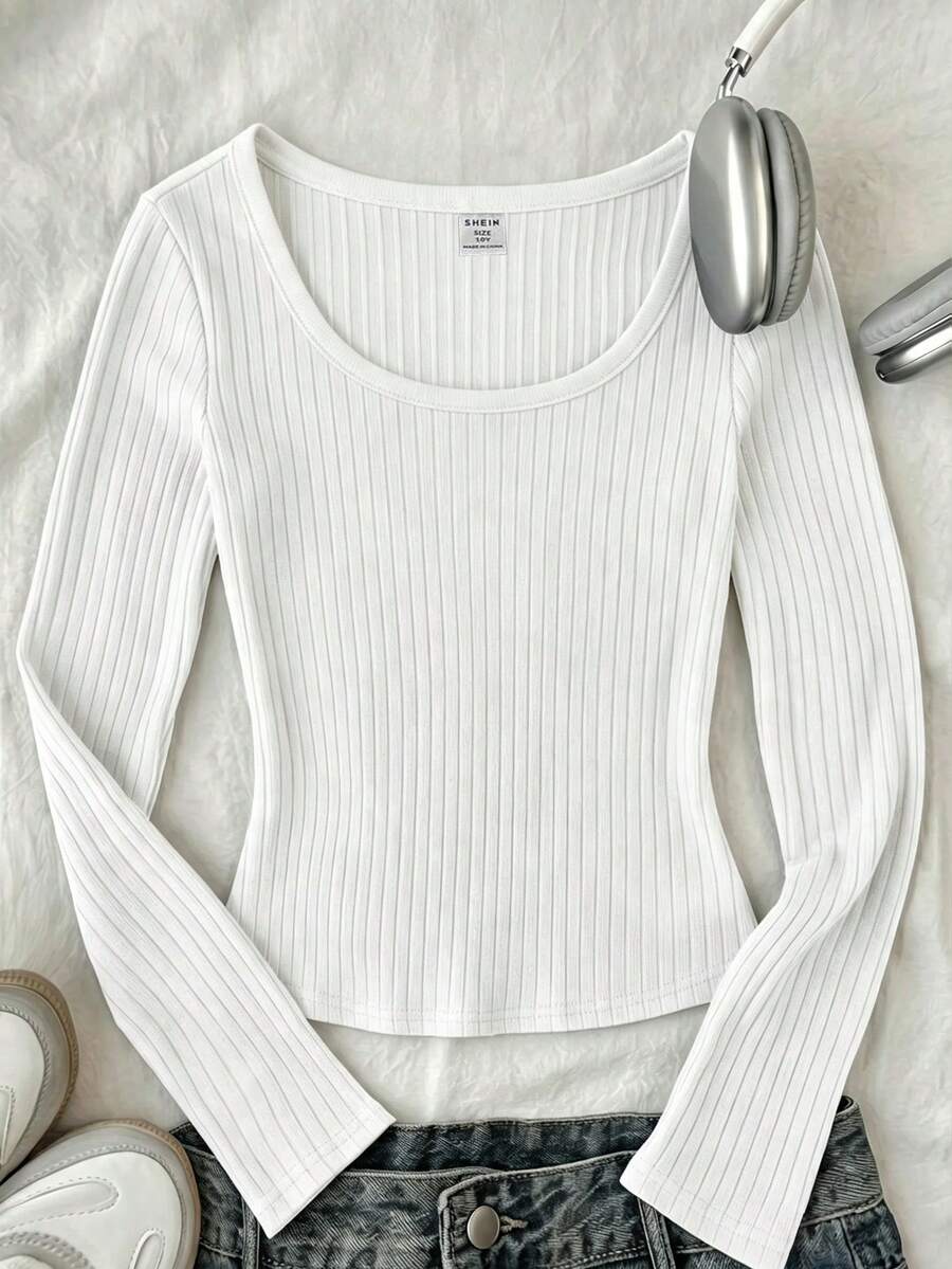 Tween Girl Tween Girls T-Shirts Ribbed Crew Neck Elastic Slim Fit All-Match Versatile Minimalist Long Sleeve T-Shirt, Comfortable - White - View 1