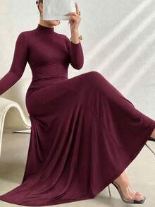 Modelyn Autumn/Winter Elegant Solid Color Casual Round Neck Pullover Slim Fit Versatile Pleated Patchwork Plus Size Women's Long Dress - Red - View 5