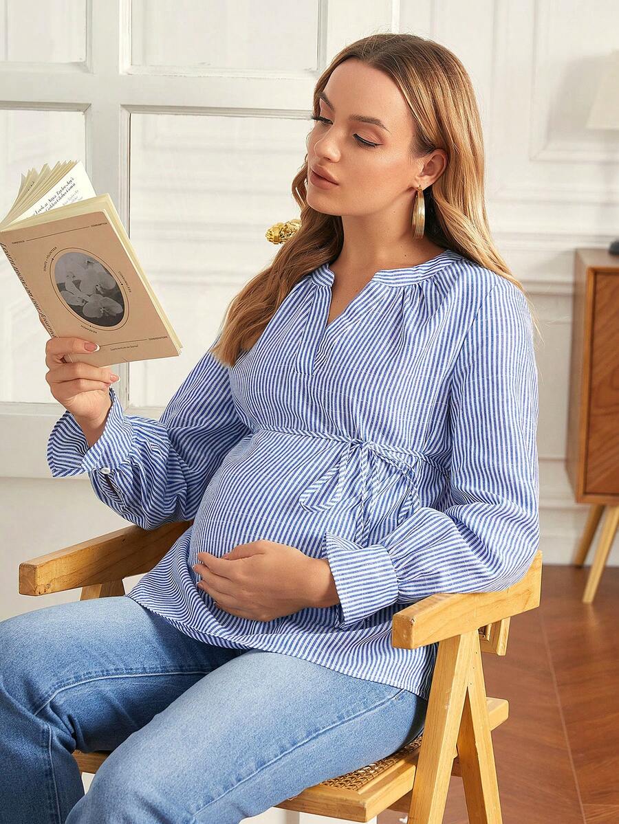 SHEIN Maternity Casual Striped Shirt For Autumn Fall - Navy Blue - View 1