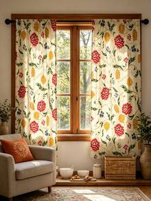 Frida Kahlo X SHEIN 2 Pieces, Plant And Flower Pattern Printing 2 Panel Small Curtains, Suitable For Living Room, Bathroom, Kitchen, Coffee Room, RV Rod Pocket Curtain Decoration, Universal Small Curtain In All Seasons - multicolor - View 1
