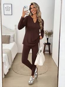 SHEIN LUNE 女款休閒秋冬居家保暖內搭長褲 2 件套 - 棕色 - 查看 6