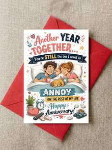 1 Set Funny Couple Anniversary Card - Humorous Anniversary Theme Card With Envelope, Featuring Cozy Bed And Pet Dog Design; Paper Greeting Card, Suitable For Husband, Wife And Partner, Perfect For Wedding, Anniversary And Birthday - One Size Fits All - View 2
