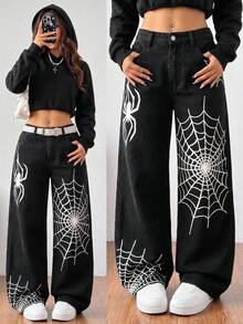 SHEIN Girlism Celana Jeans Longgar Hitam Bermotif Jaring Laba-laba Gaya Y2K untuk Remaja Perempuan, Cocok untuk Halloween dan Sekolah (Warna Hitam) - Hitam - View 7