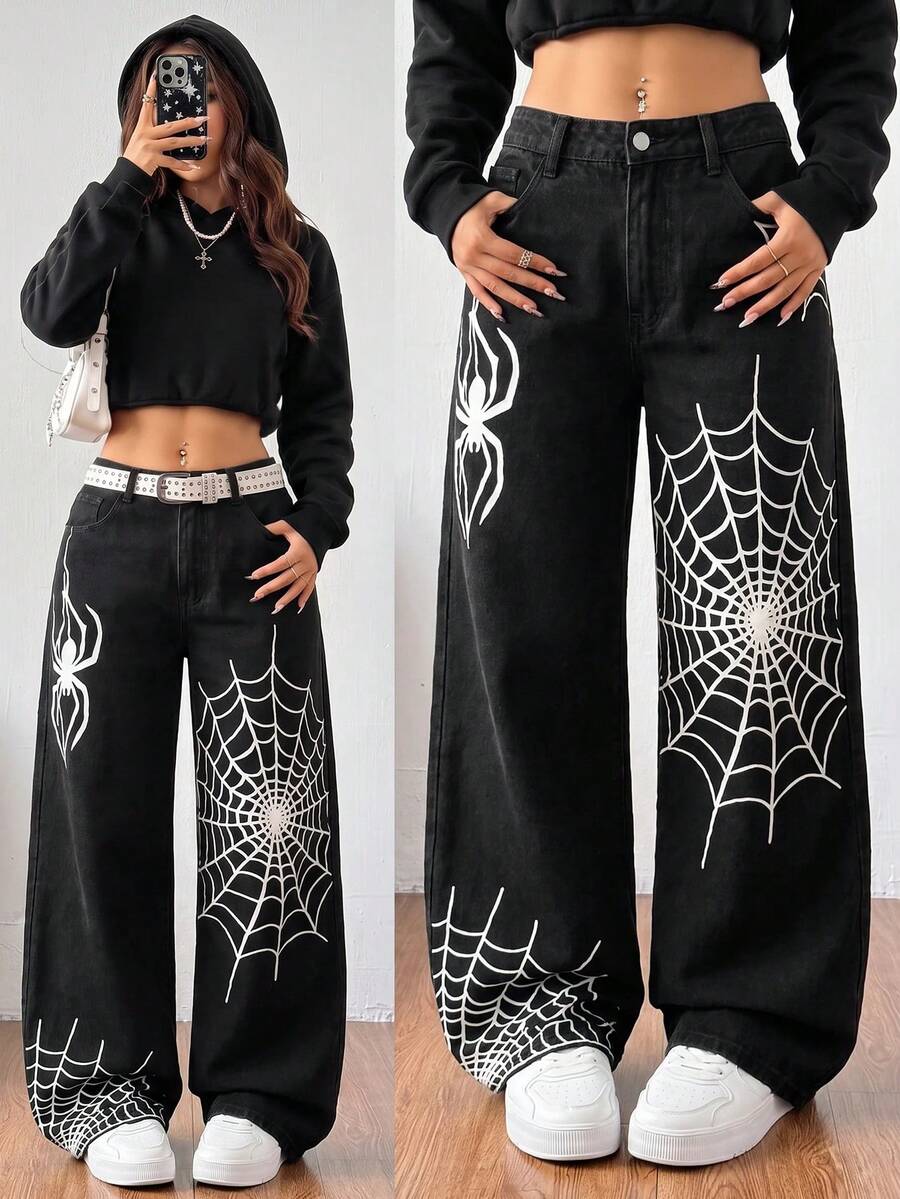 SHEIN Girlism 青少年女孩 Y2K 蜘蛛網圖案黑色寬鬆寬腿牛仔褲,萬聖節與上學穿搭 - 黑色 - 查看 1