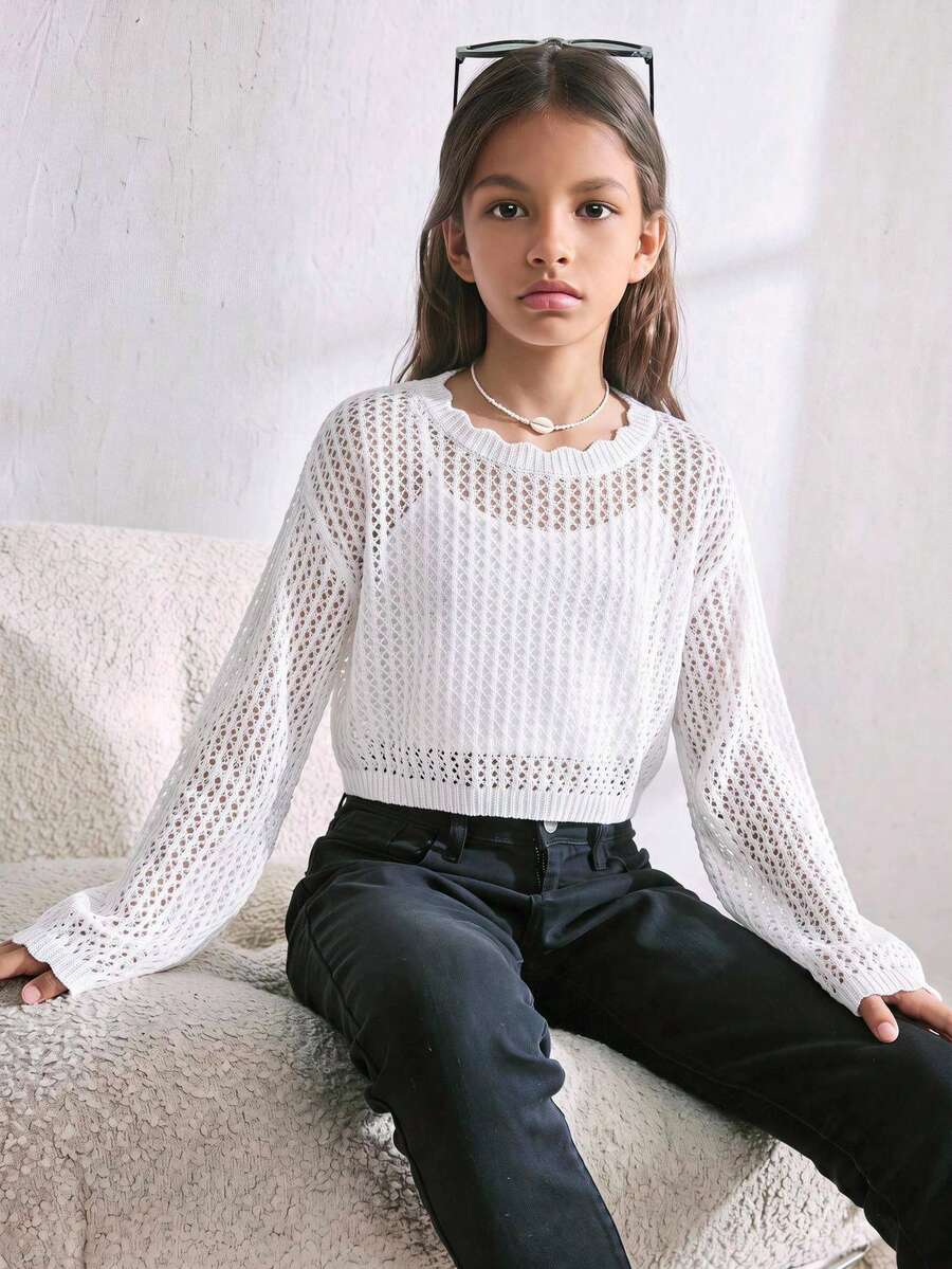 Girlism 青少年女孩鏤空套頭秋季毛衣,適合日常、購物、用餐、度假穿著 - 白色 - 查看 1