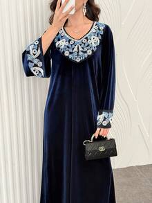 Al Najma Autumn/Winter High-End Fashion Elegant Velvet V-Neck Rhinestone Decor Long Sleeve Flared Slimming Dress For Women - Blue - View 6