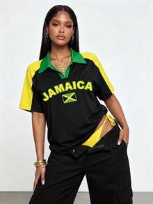 Gowayae Gowayae Top de manga corta holgado casual de verano, nuevo, con bloques de color verde, amarillo y negro, con cuello, rayas anchas de bloques de color en los laterales, camiseta, ropa de calle diaria, casual deportivo, vacaciones, estilo vintage americano - Multicolor - Ver 8