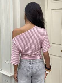 Aloruh Top holgado con hombro asimétrico y cintura fruncida, camiseta básica de rayas simple - Rosa - Ver 2