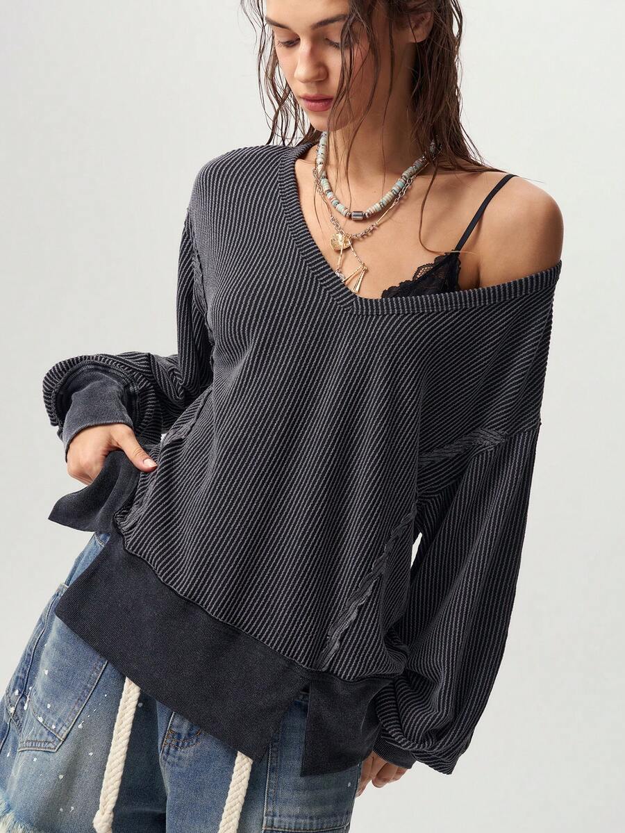 Bohemela Casual Solid Color Knit V-Neck Long Sleeve Loose Washed Women's Sweatshirt - Black - View 1