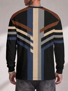 Gym Rark Kaos Lengan Panjang Pria Motif Garis Vertikal Geometris Multi Warna Retro, Tekstur Rib Vertikal Biru Tua Krem Kopi Abu-abu Hitam dengan Pola Kontras - MultiWarna - View 2