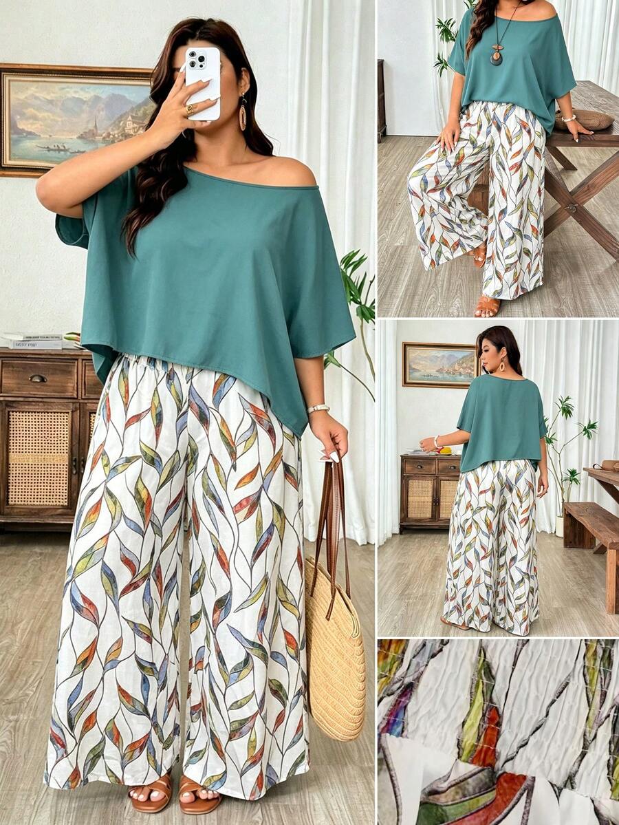 Weeklong Plus Size Women's Asymmetrical Shoulder Batwing Short Sleeve Top And Wide Leg Pants 2-Piece Set, Colorful Pattern Print, Casual Vacation Mature Comfortable Spring Summer - Mint Green - View 1