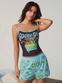 SCOOBY-DOO X SHEIN 女款字母卡通印花細肩帶上衣與短褲休閒居家睡衣套裝 - 薄荷綠 - 查看 6