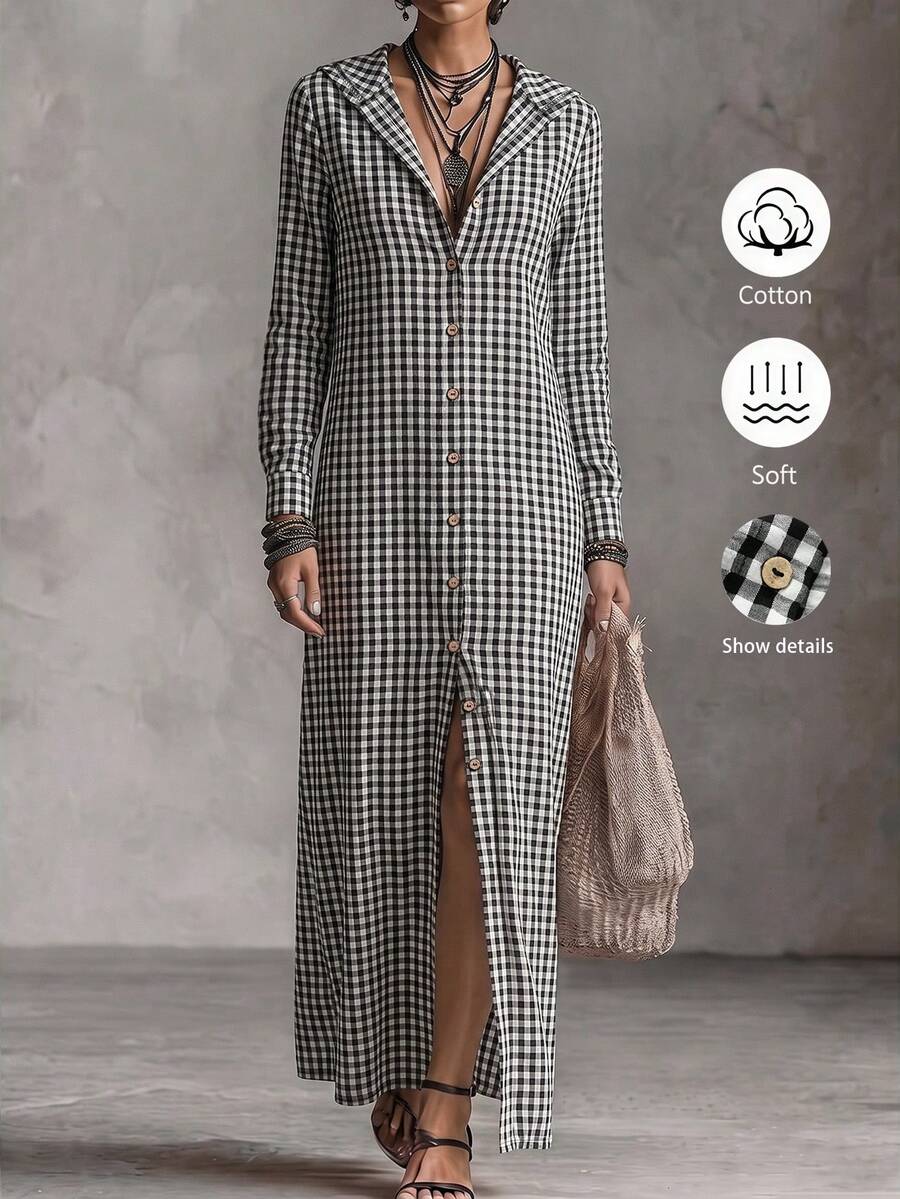Linhara CURVE Cardigan Kotak-kotak Ukuran Besar Lengan Panjang Kasual dengan Tudung untuk Wanita Musim Gugur - Hitam dan Putih - View 1