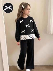 SHEIN Young Girl Korean Style Energetic Loose Black Sweatshirt 2 In 1 Bowknot Pattern 2-Piece Set - Black - View 11