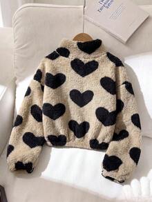 SHEIN Tween Girl Heart Fleece Kids Hooded Zip-Up Jacket For Autumn/Winter, Suitable For Outdoor And Back - Khaki - View 2