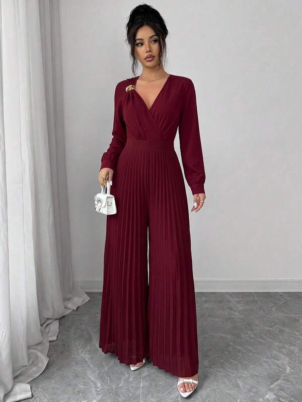 Elenzga Women's All-Season Elegant Versatile Party-Ready Flattering Burgundy Fitted Slim-Fit Pleated Design Long Sleeve Pearl Button Decor Loose Wide-Leg Long Jumpsuit With Metal Buckle