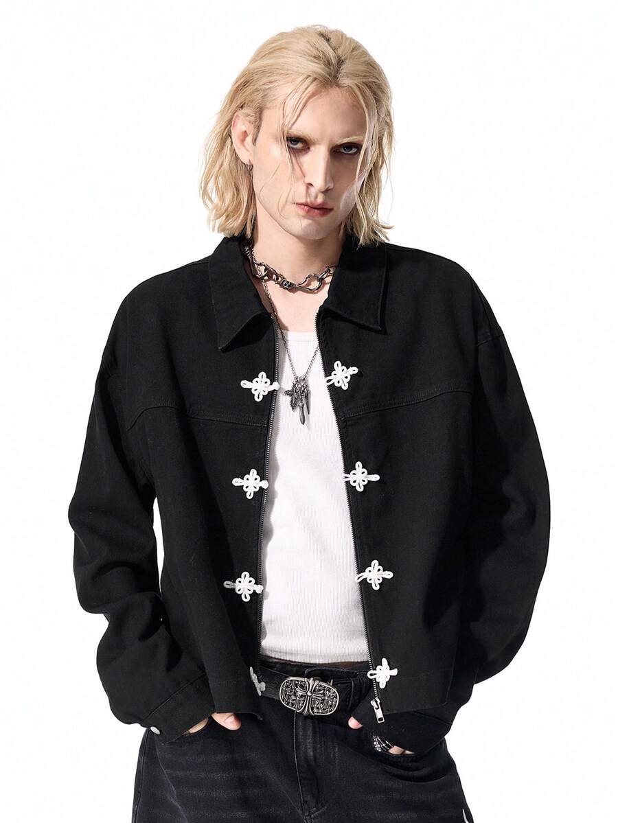 ROMWE MEN Street Life Vintage Washed Denim Casual Fashion Versatile Customized Frog Button Comfortable Top - Black - View 1