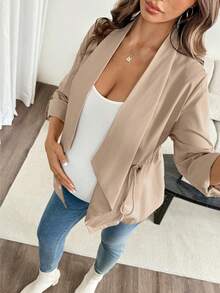 SHEIN Maternity Solid Color Ruched Casual Versatile Daily Wear Long Sleeve Jacket Fall - Khaki - View 3