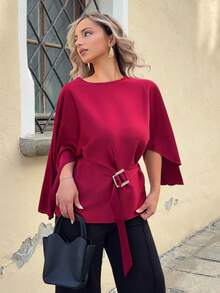 Jeta Ari Women's French Style Round Neck Batwing Sleeve Waist Tie Shiny Red Blouse, Spring/Summer - Burgundy - View 3