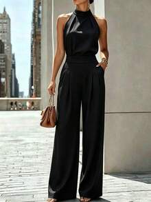 Zovinel Women's Solid Color Halter Top And Wide Leg Pants Casual Daily Set - Black - View 5