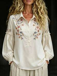 SHEIN Blus Wanita Lengan Panjang Model Baru Musim Semi/Gugur, Trim Ruffle, Motif Kontras Warna, Potongan Lipit, Warna Aprikot, Blus Lengan Panjang - Aprikot - View 4