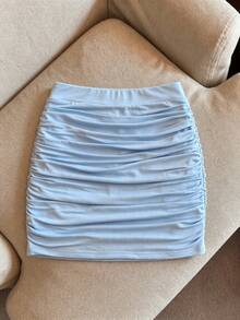 INAWLY Women's Light Blue Solid Color Pleated Bodycon Fashion Sexy Skirt - Baby Blue - View 4