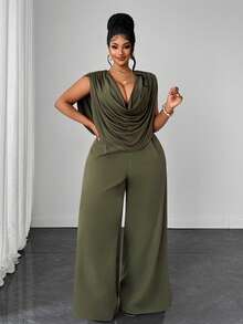 Maweii Plus Size Sexy Cowl Neck Sleeveless Top & High Waist Wide Leg Straight Green Pants 2 Pieces Set - Green - View 6