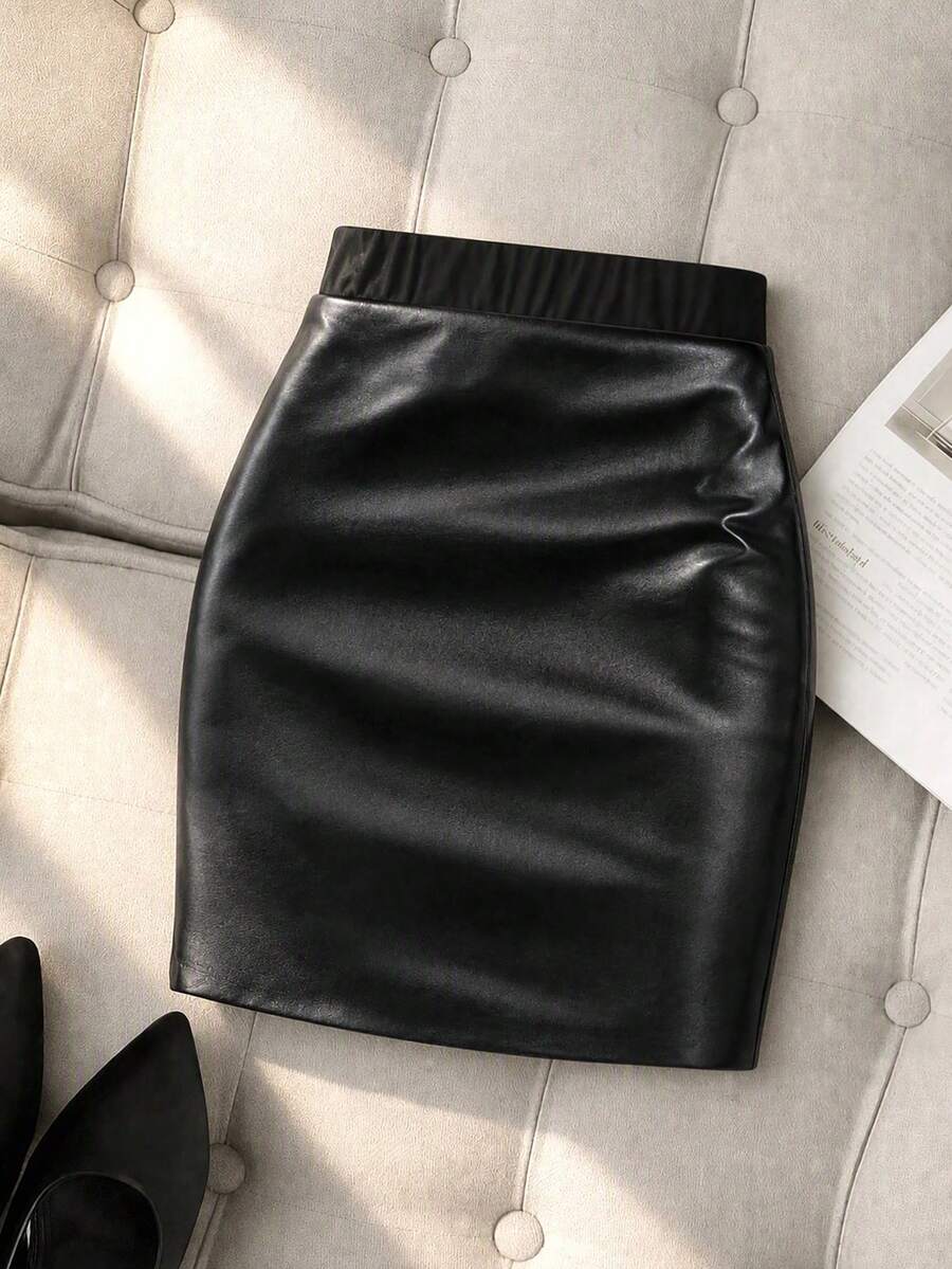 Wovencharm Wovencharm Solid Color High Waisted Bodycon Skirt - Black - View 1