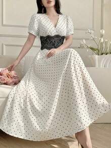 Celisse Robe longue élégante avec design de patchwork en dentelle et manches bouffantes - Noir et Blanc - Voir 8
