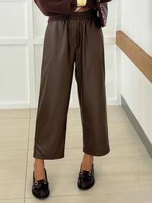 DAZY Celana Setelan Wanita Gaya Komuter Berlipit Longgar Berpinggang Tinggi Musim Gugur/Dingin, Bahan Tenun Warna Polos, Dipadukan dengan Jaket Kulit - Coffee Brown - View 8