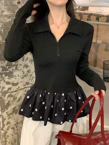 DAZY Kaos Wanita Motif Polkadot dengan Hiasan Ruffle di Bagian Bawah dan Resleting, Lengan Panjang, Kasual Elegan, Atasan Lucu untuk Acara Santai, Warna Hitam Putih, Musim Gugur - Putih - View 6